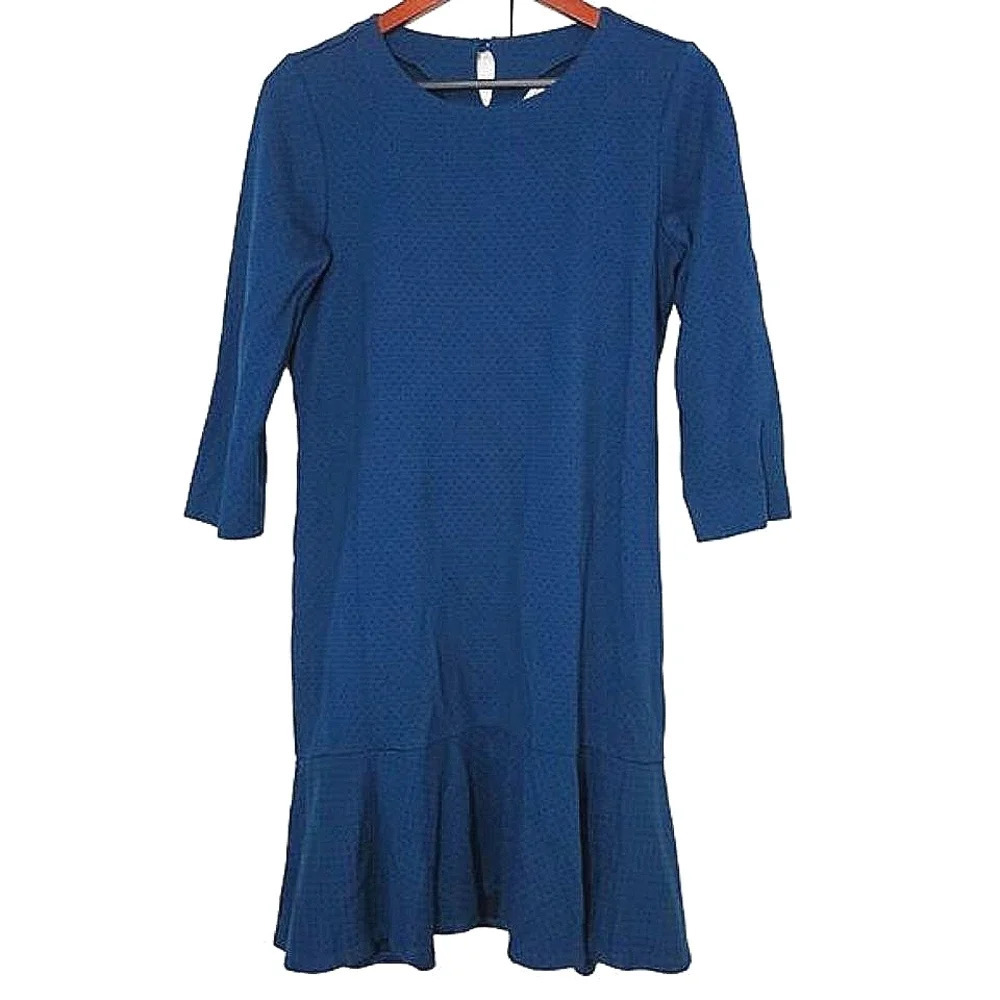 J. Jill Ponte Oxford Blue Black Polka Dot Ruffle Flounced Dress, Medium